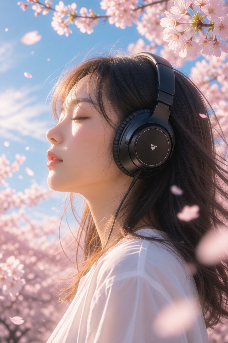 A serene young woman in profile,  with her eyes closed and large black over-ear headphones. Her hair falls naturally,  her...