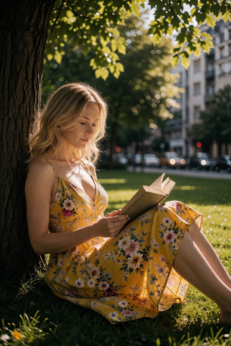 A European woman with blonde hair is sitting under a tree at city park,  engrossed in reading a book in a relaxed position...