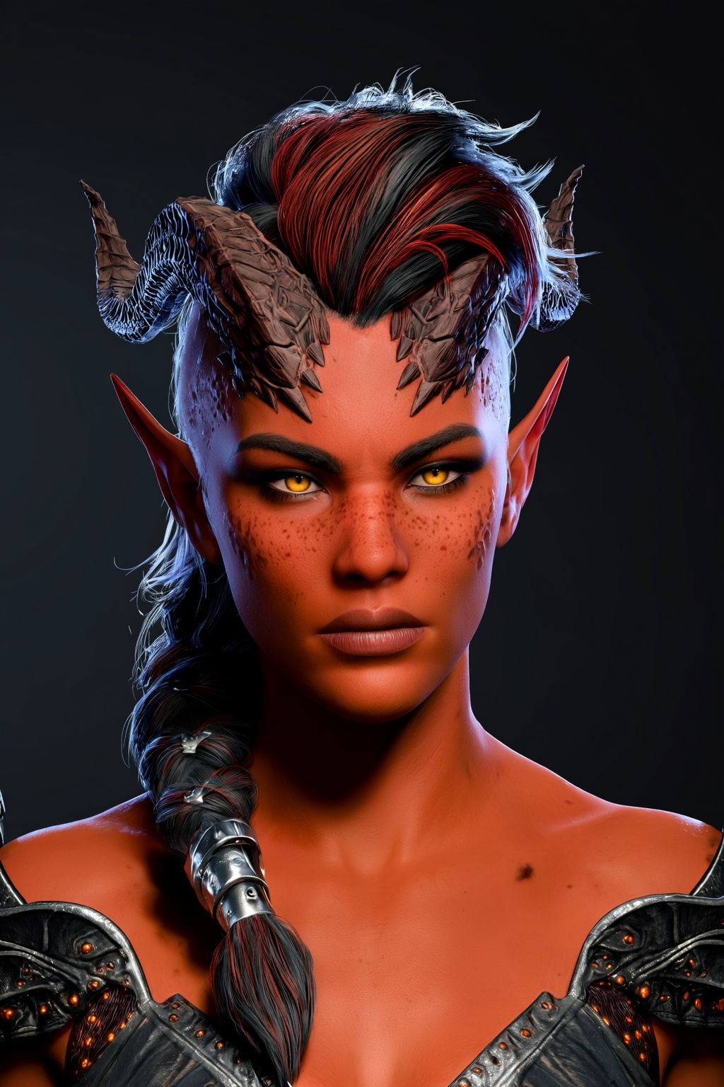 highres,  absurdres,  bg3style A close-up portrait depicts a tiefling woman with reddish-orange skin on Tensor.Art