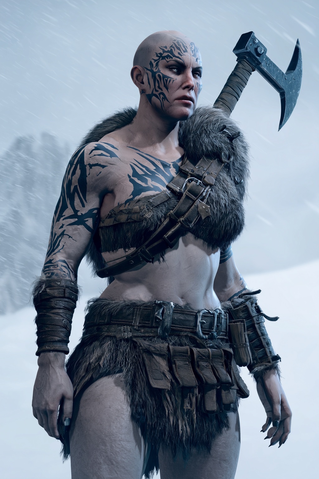 highres,  absurdres,  bg3style A massive female goliath barbarian stands resolute against a howling blizzard. Her skin is...