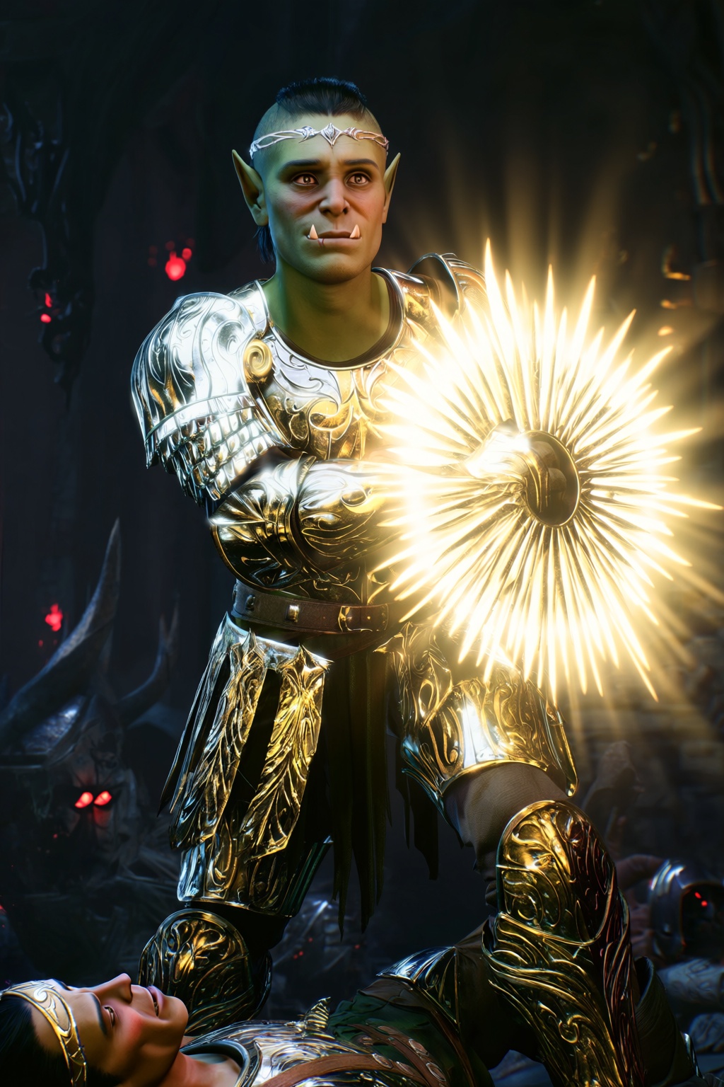 highres,  absurdres,  bg3style A waist-up shot of a noble male half-orc with pale green skin on Tensor.Art