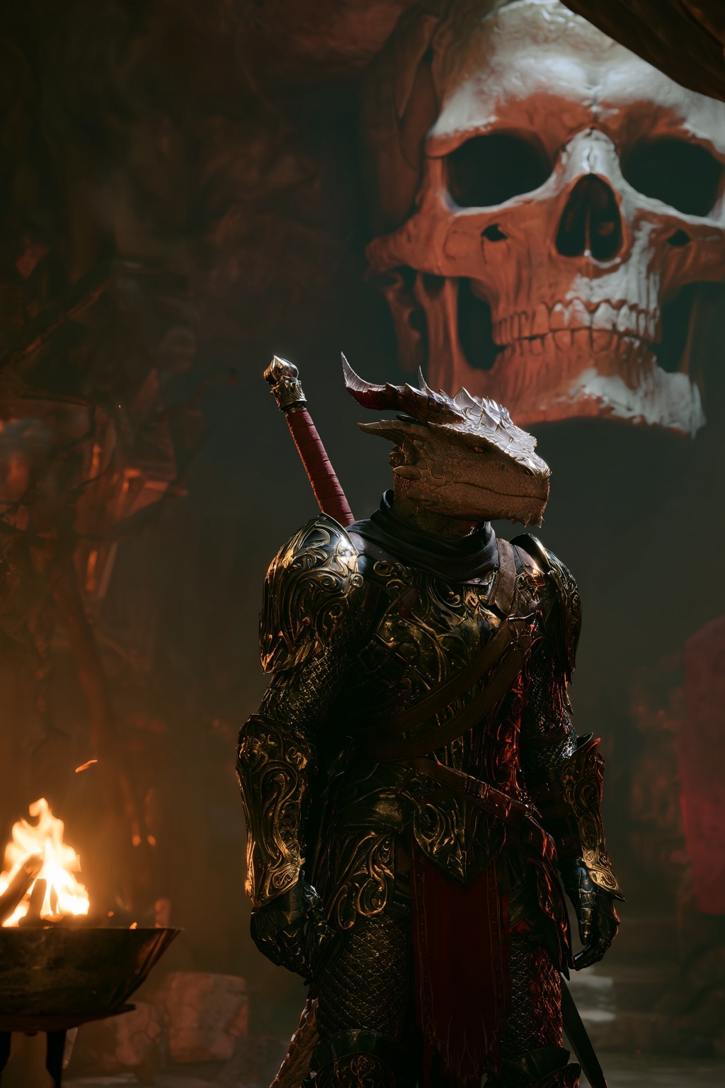 highres,  absurdres,  bg3style A Dragonborn warrior stands prominently in the center of a dimly lit on Tensor.Art