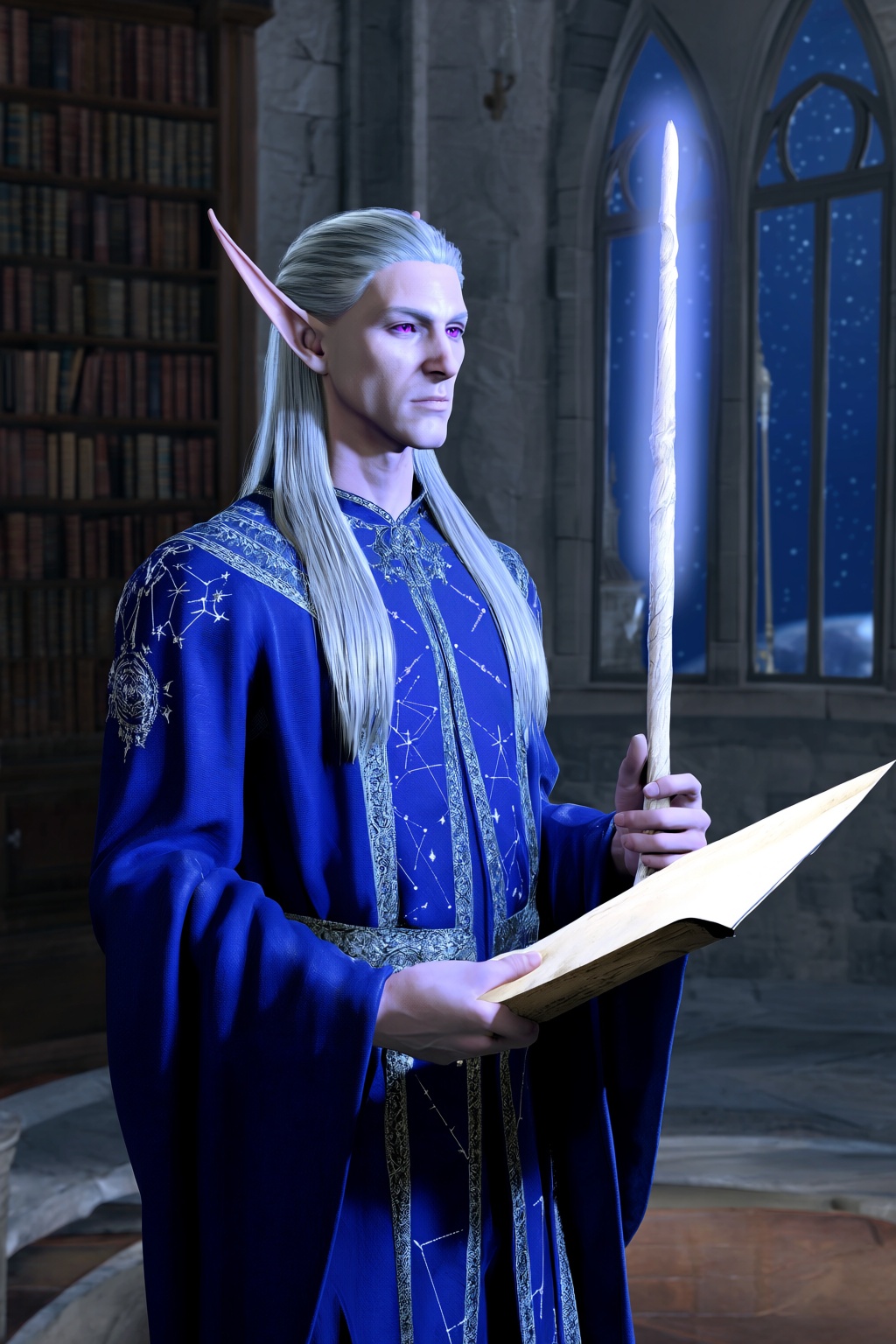 highres,  absurdres,  bg3style A regal male high elf wizard reads from a floating parchment in a high stone tower. His ski...