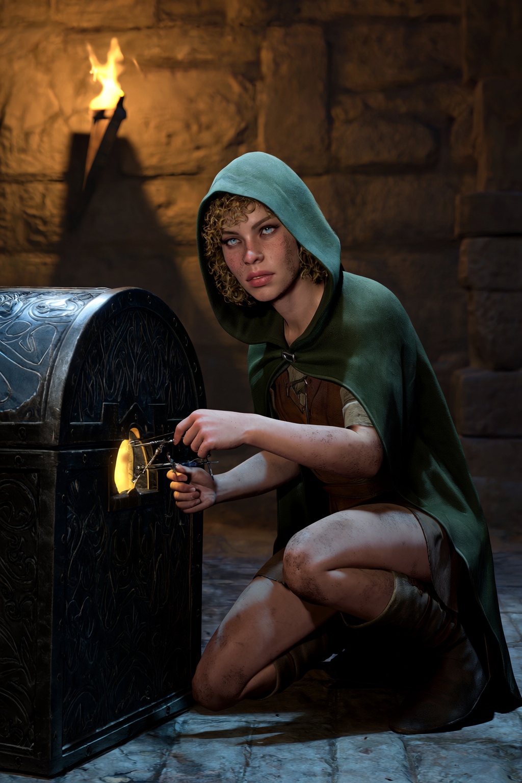 highres,  absurdres,  bg3style A nimble female halfling crouches beside a heavy iron-bound chest in a shadowy on Tensor.Art