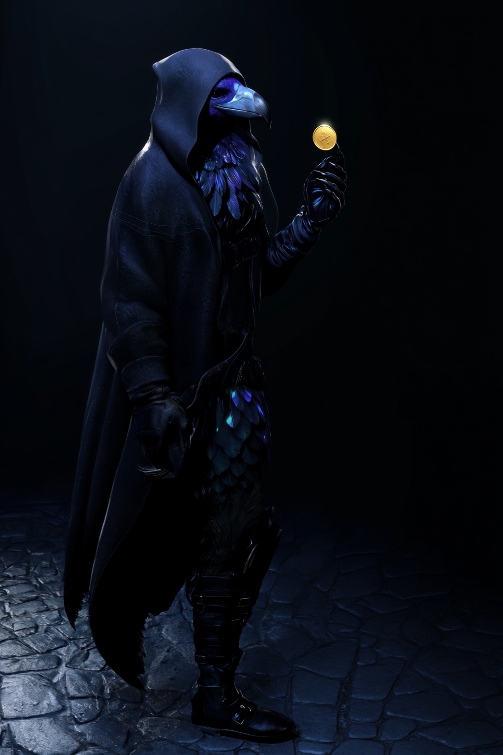 highres,  absurdres,  bg3style A mysterious kenku rogue lurks in the deep shadows of a cobblestone alleyway. The avian hum...