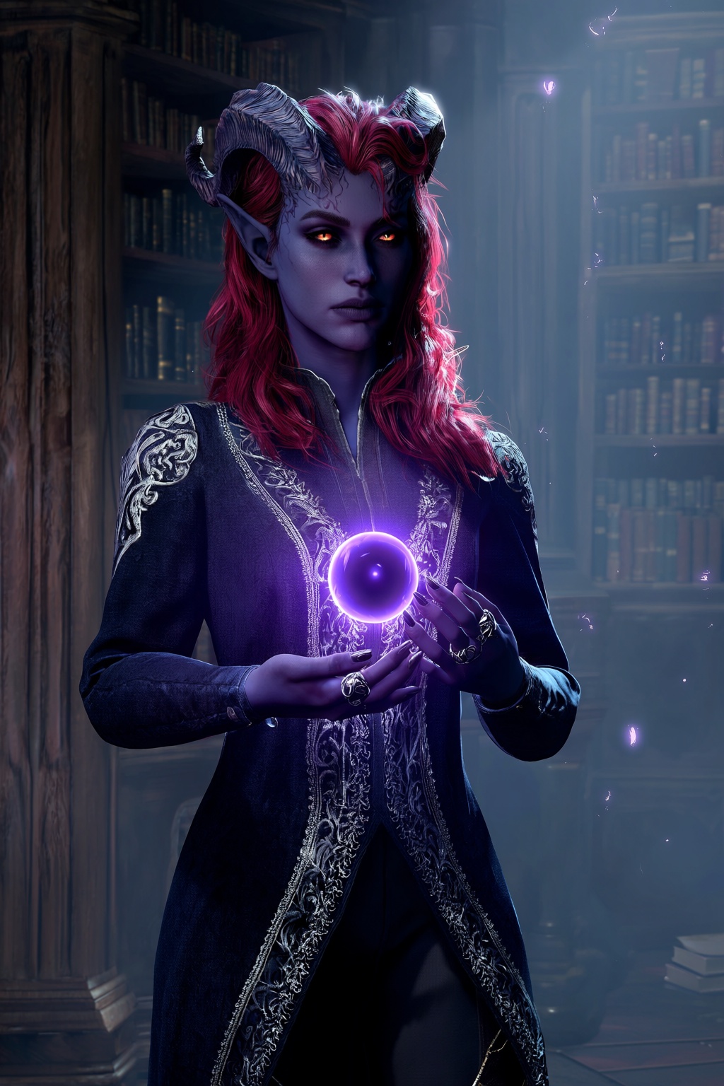 highres,  absurdres,  bg3style A female tiefling with deep indigo skin and curled obsidian horns stands in a dimly lit on...