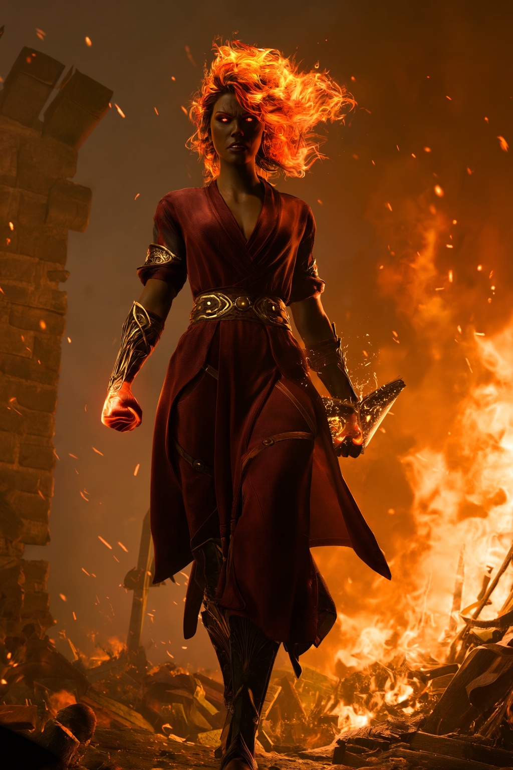highres,  absurdres,  bg3style A fierce female fire genasi strides through the smoldering ruins of a stone fortress. Her s...