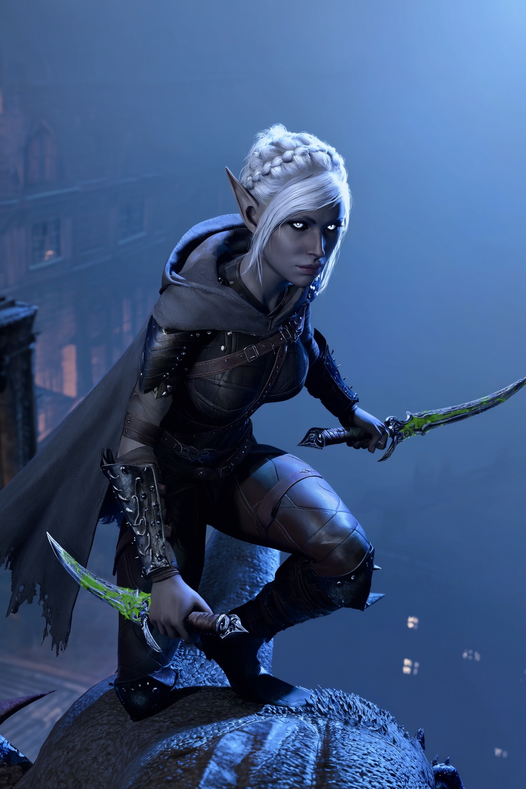 highres,  absurdres,  bg3style A female drow elf crouches on a gargoyle overlooking a fog-covered city street at night. He...