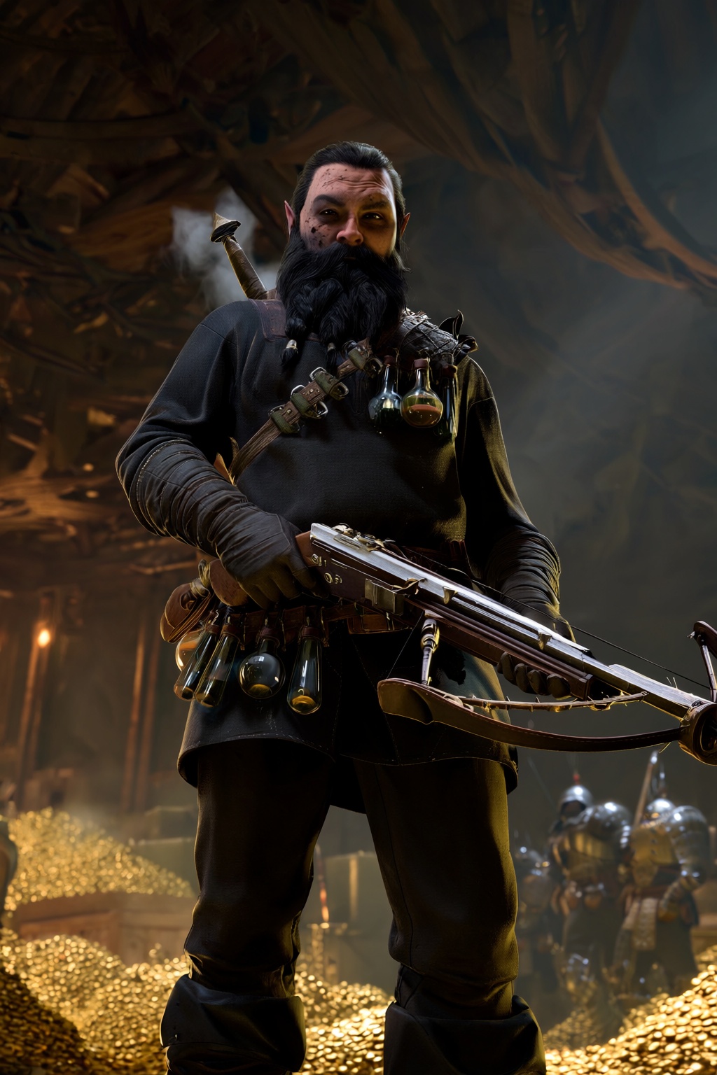 highres,  absurdres,  bg3style A low-angle portrait of an unexpectedly stealthy male dwarf with soot-stained on Tensor.Art