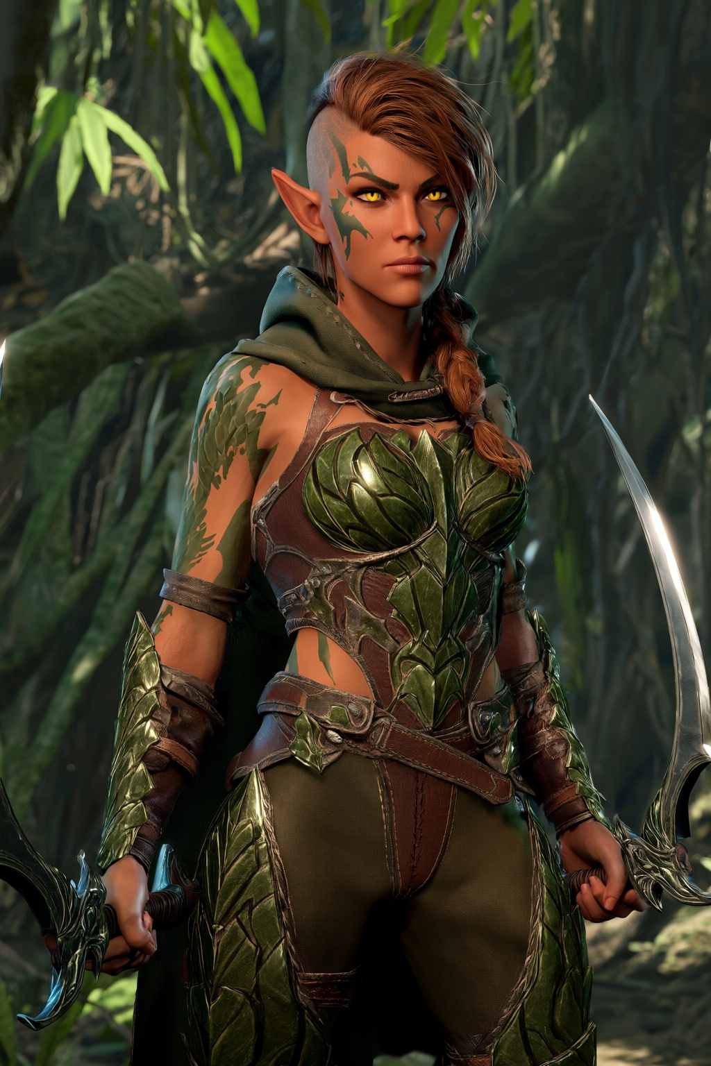 highres,  absurdres,  bg3style A close-up shot captures a fiercely determined female wood elf with tanned skin painted wit...