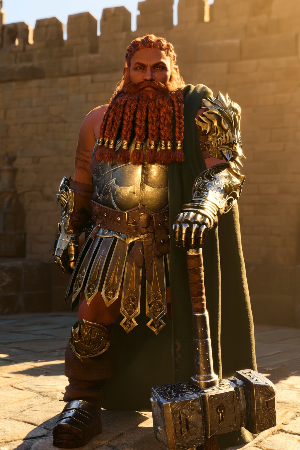 highres,  absurdres,  bg3style A broad-shouldered male dwarf stands proudly in a sunlit stone courtyard. His skin is deepl...