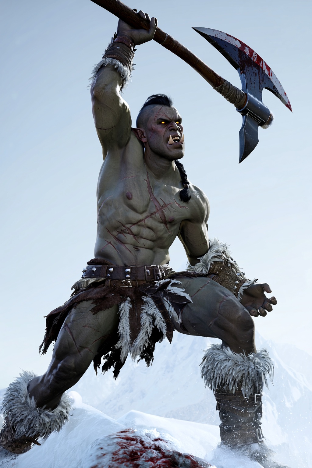 highres,  absurdres,  bg3style A heavily scarred male half-orc lets out a fierce battle cry atop a snowy mountain peak. Hi...