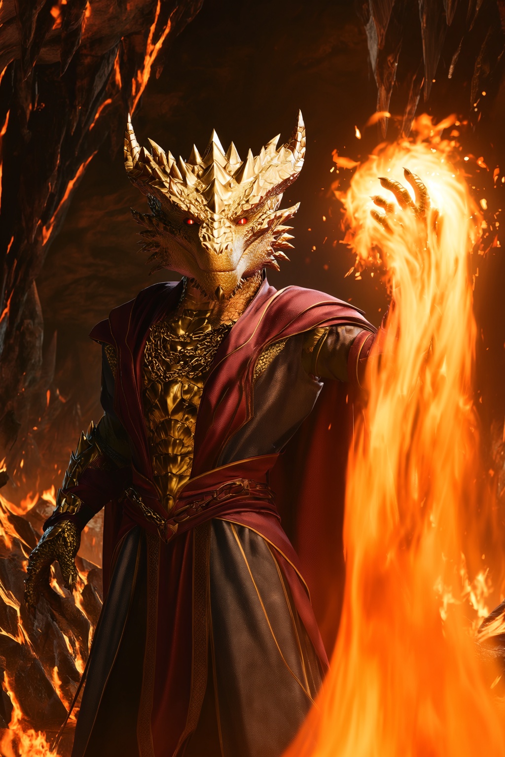 highres,  absurdres,  bg3style A towering male dragonborn with shimmering golden scales commands the center of a volcanic...