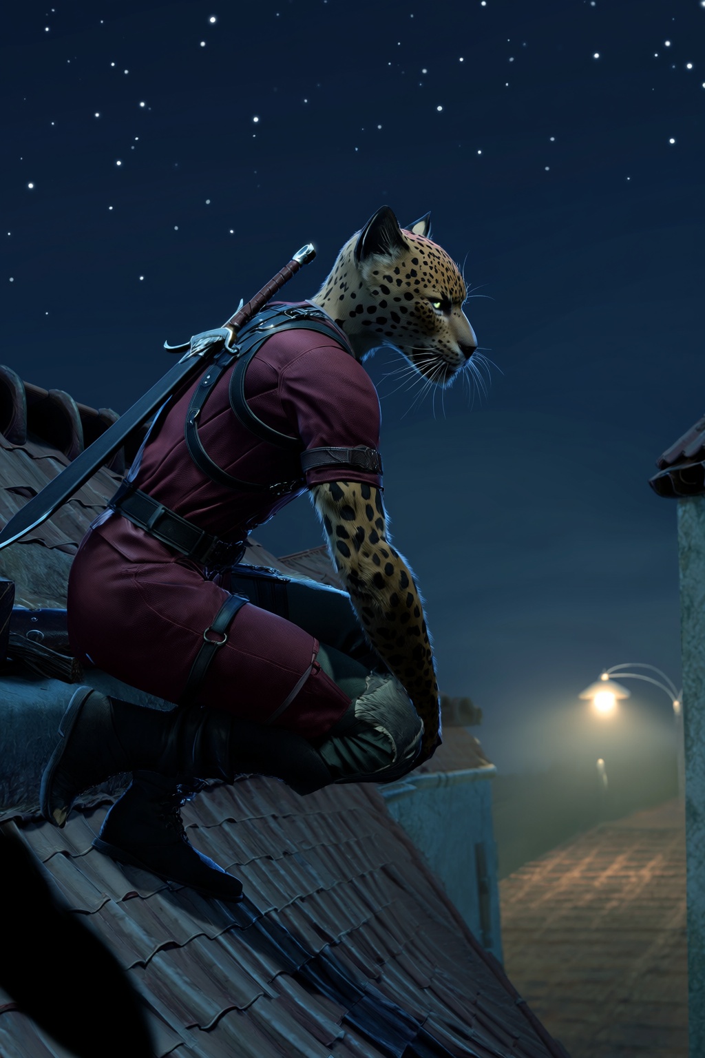 highres,  absurdres,  bg3style A sleek male tabaxi with distinctive jaguar-like rosette spots covers a rooftop under a sta...