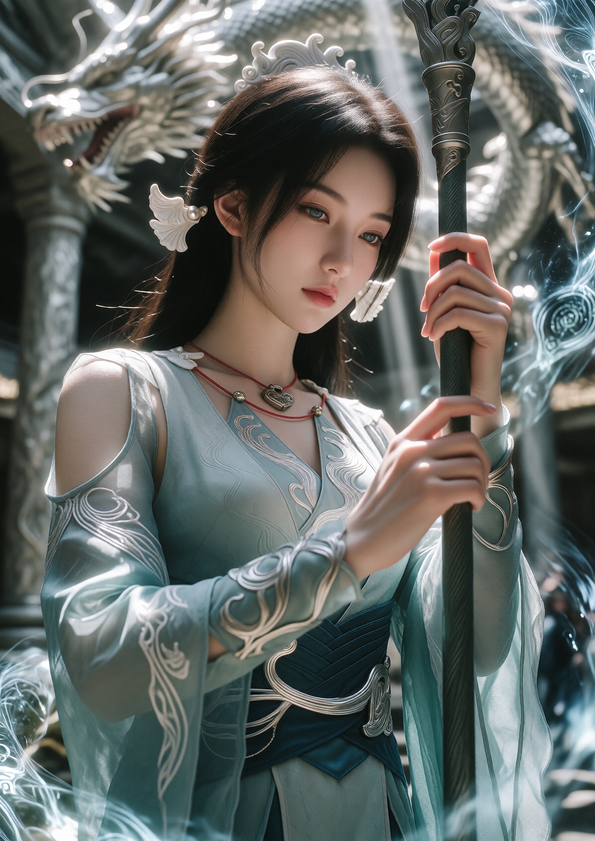 Subject: A Princess with fair skin,  soft features,  and a pensive gaze wears long on Tensor.Art