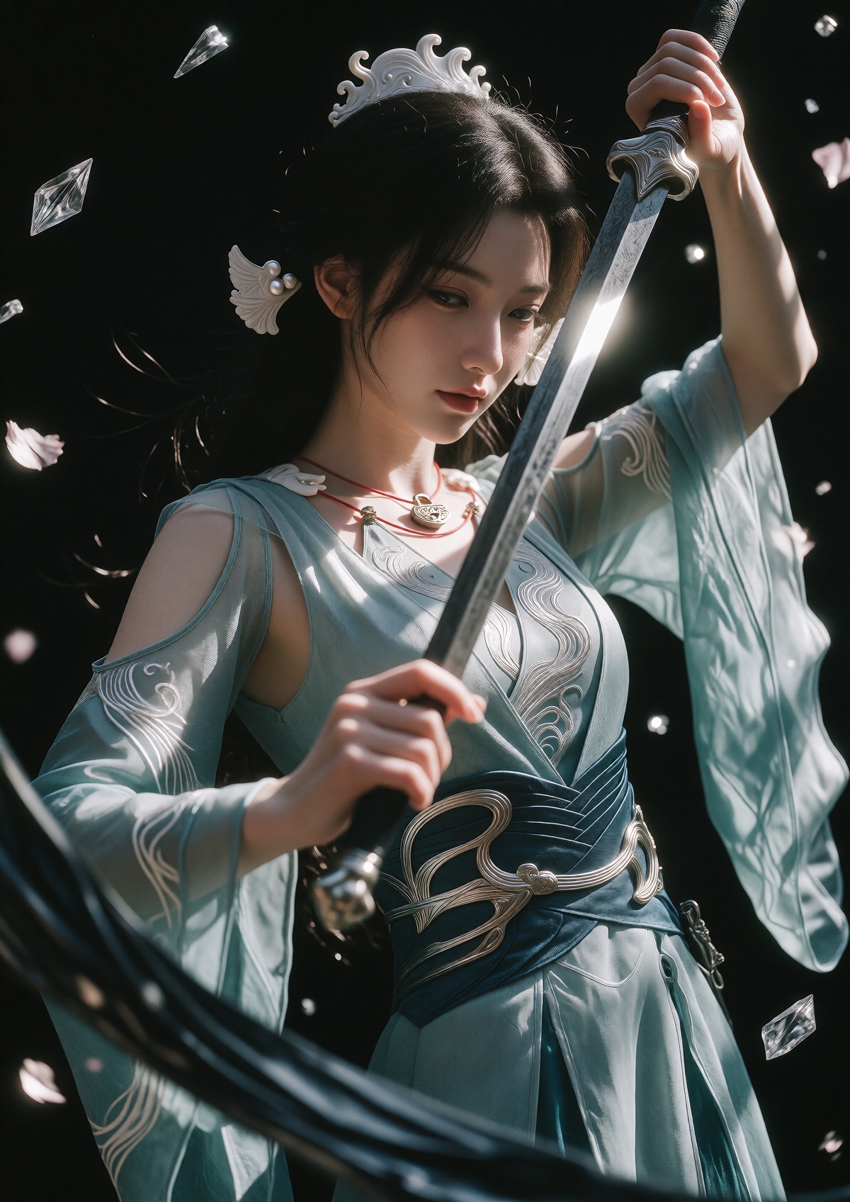 Subject: A Princess with fair skin,  soft features,  and a pensive gaze wears long on Tensor.Art