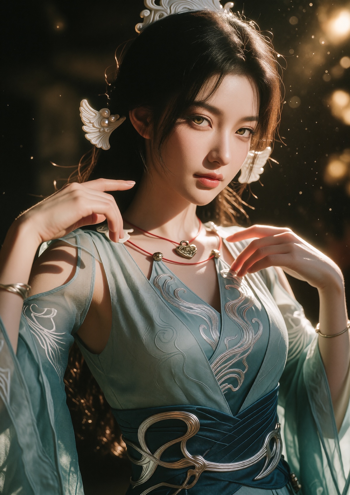 Subject: A Princess with fair skin,  soft features,  and a pensive gaze wears long on Tensor.Art