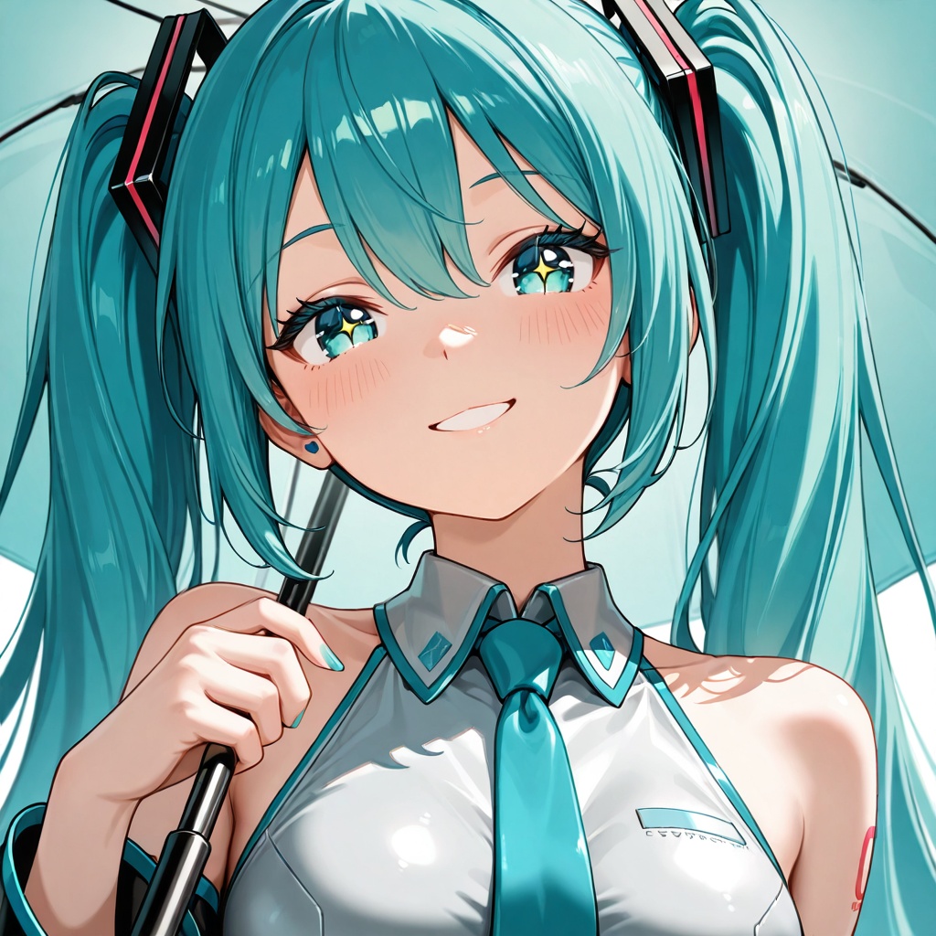 Create a pure anime-style portrait of Hatsune Miku with an extreme close-up bust shot,  focusing on her curvy feminine sil...
