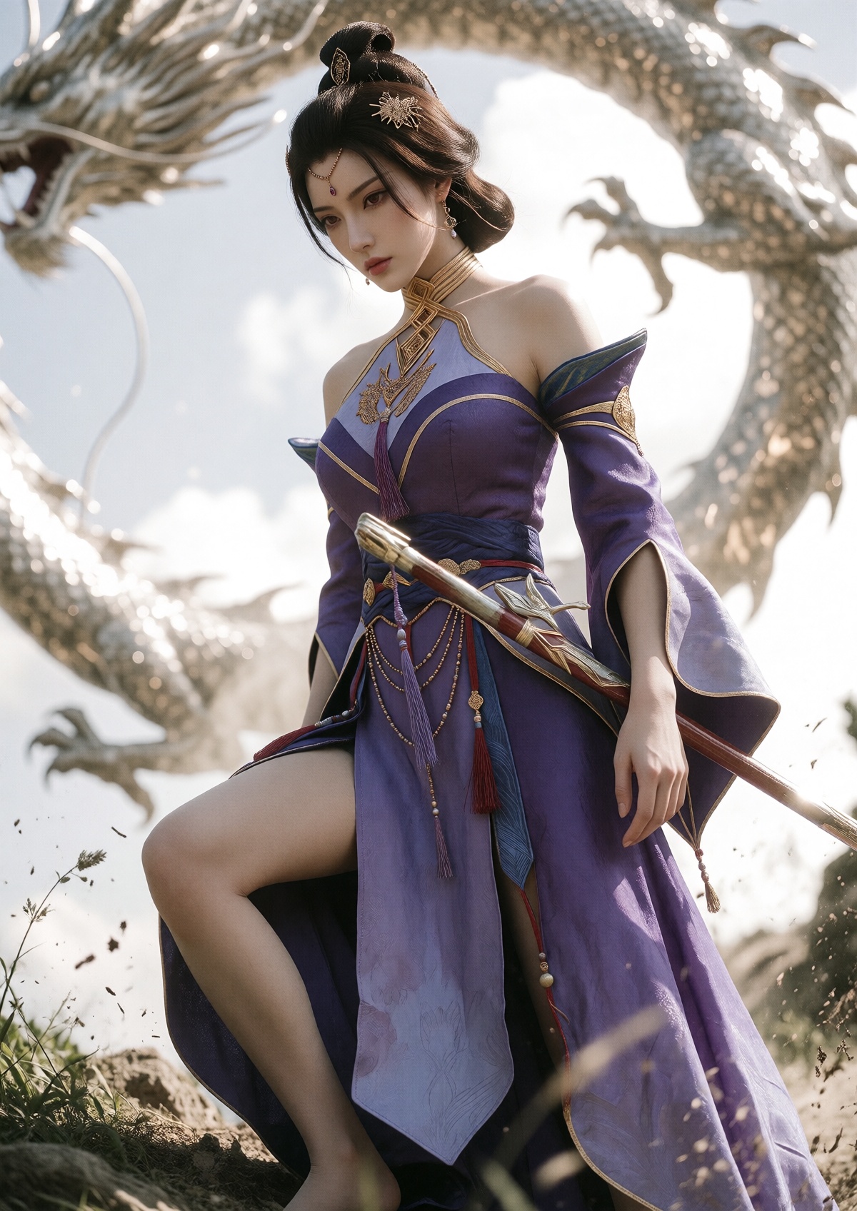 Subject: A Princess with fair skin,  refined facial features,  and a calm expression wears her dark brown hair in an elega...