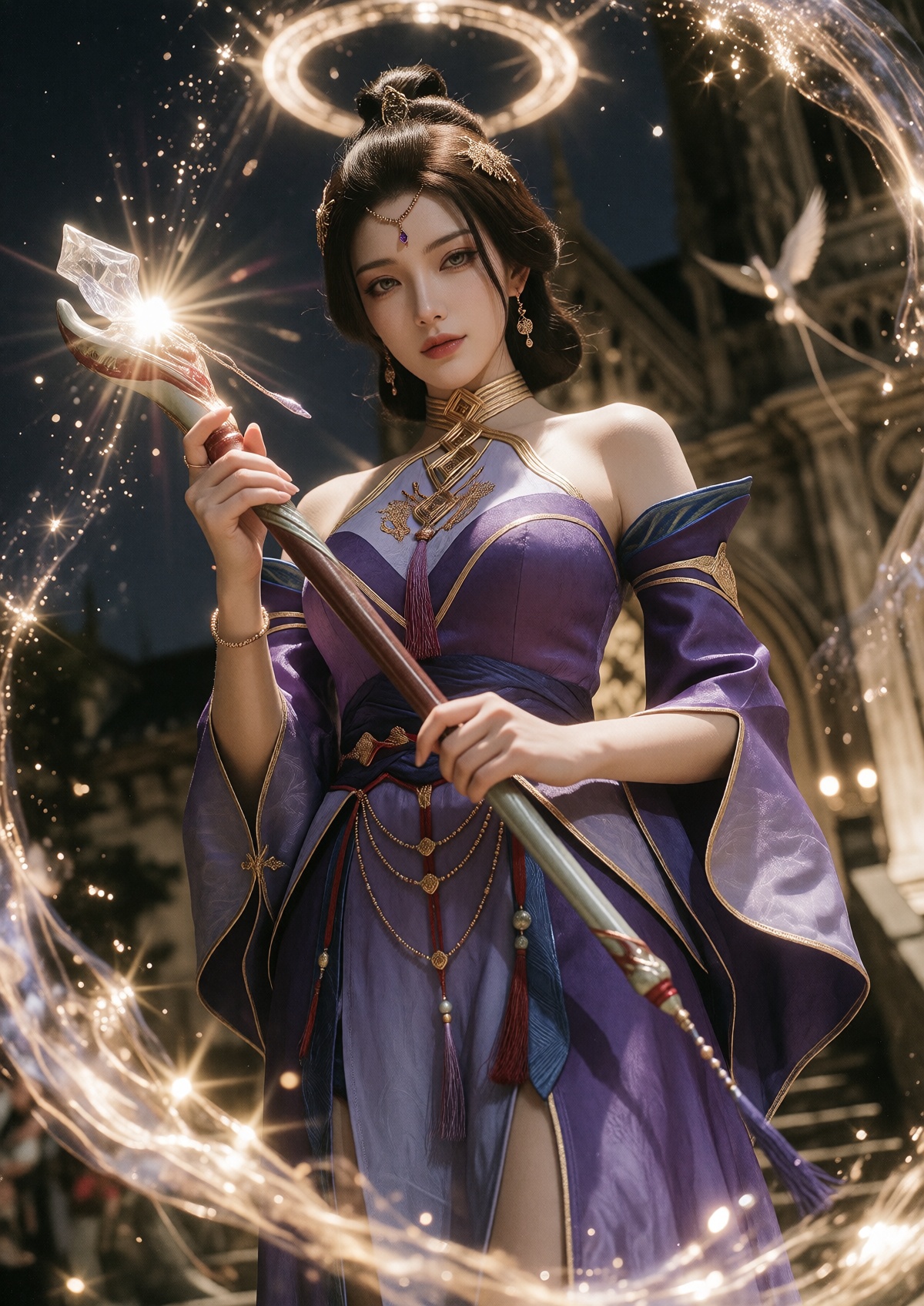 Subject: A Princess with fair skin,  refined facial features,  and a calm expression wears her dark brown hair in an elega...