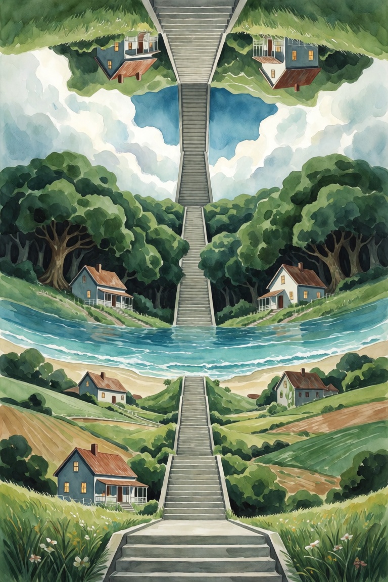 Watercolor painting style,  texture of the painting is smooth with visible brushstrokes,  an enormous concrete staircase r...