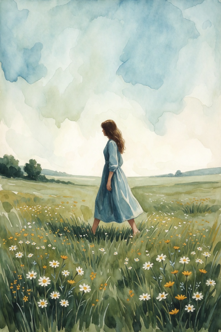 Watercolor painting style,  texture of the painting is smooth with visible brushstrokes,  a woman walks across a quiet mea...