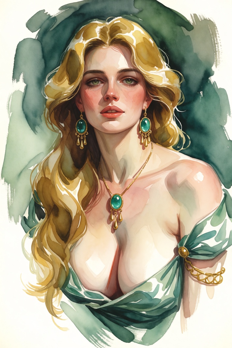 Watercolor painting style,  texture of the painting is smooth with visible brushstrokes,  particularly in the background o...
