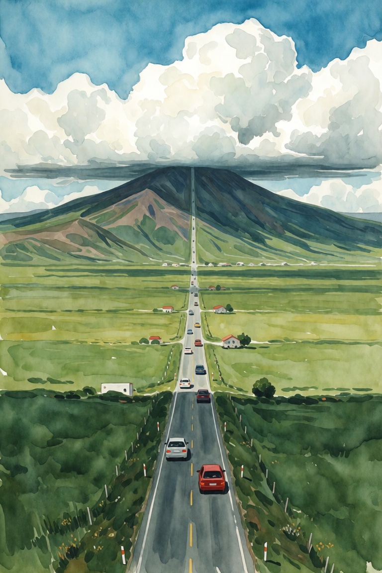 Watercolor painting style,  texture of the painting is smooth with visible brushstrokes,  a perfectly straight rural road...