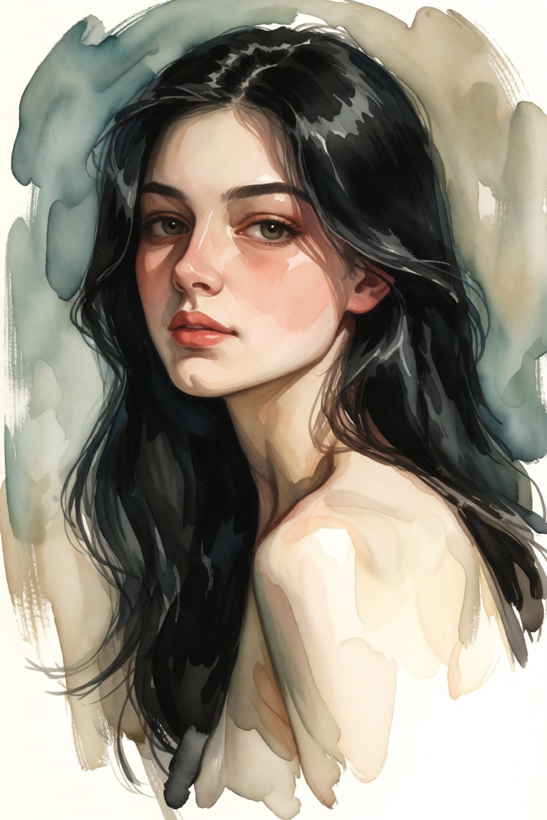 Watercolor painting style,  texture of the painting is smooth with visible brushstrokes,  particularly in the background o...