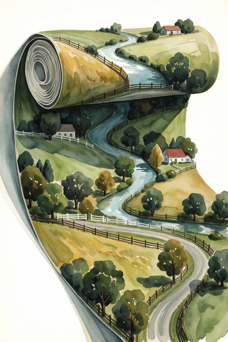 Watercolor painting style,  texture of the painting is smooth with visible brushstrokes,  a huge section of countryside ap...