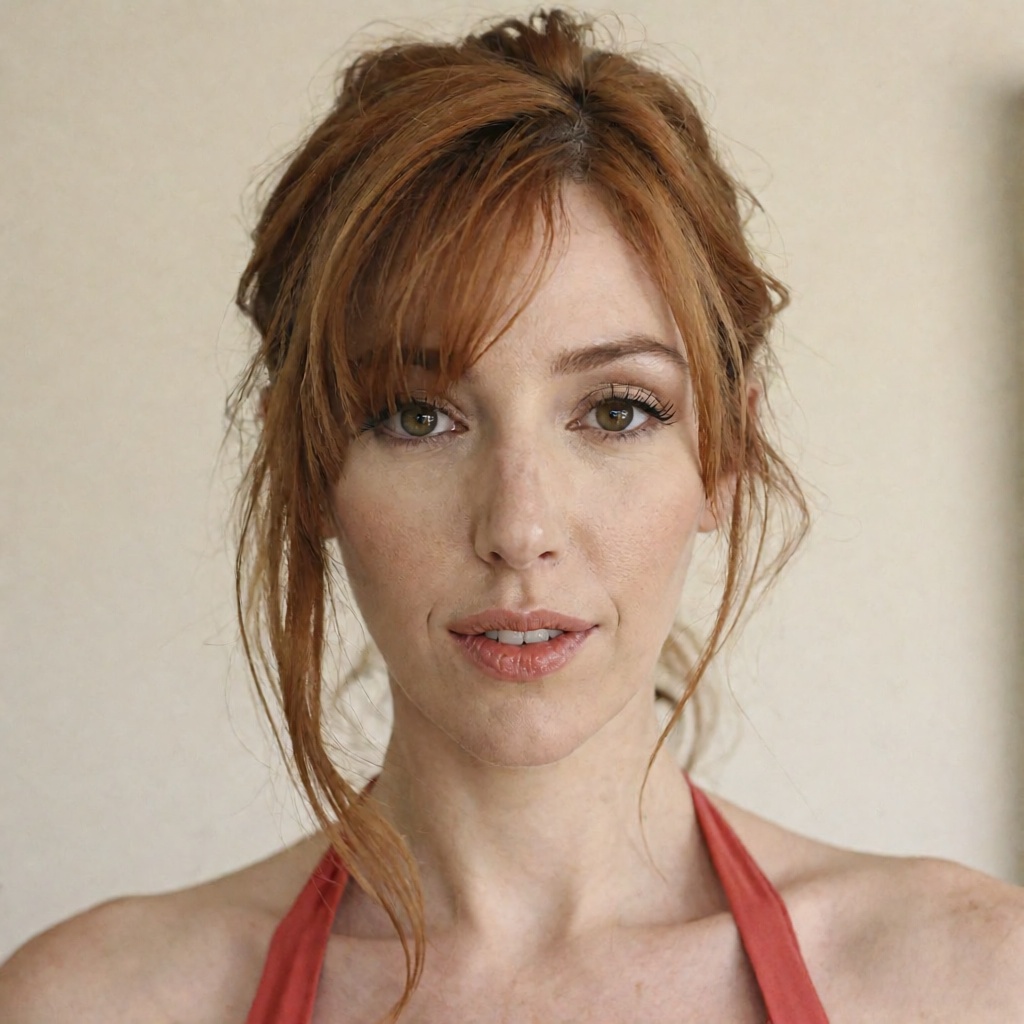 Compact direct-to-camera beauty portrait,  tight symmetrical single-subject composition with loose face-framing strands br...