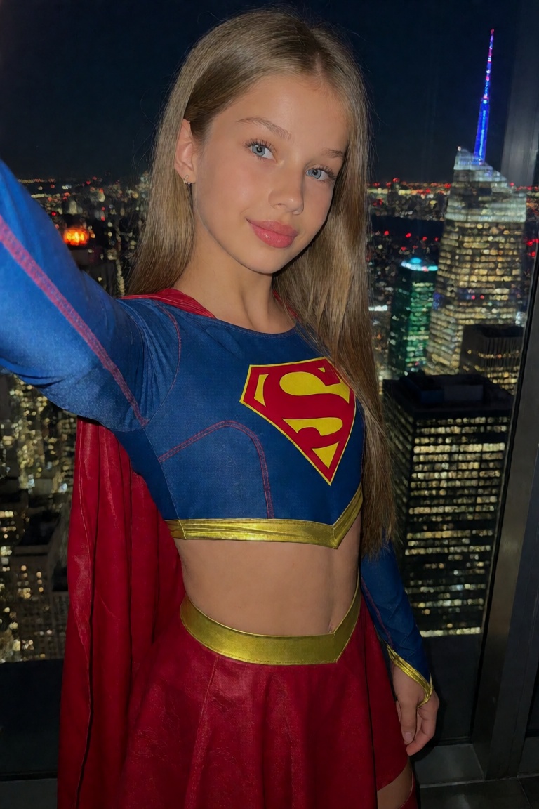 A very fit,  very pretty girl with long blonde hair wearing a tight Supergirl outfit stands on the roof of a skyscraper lo...