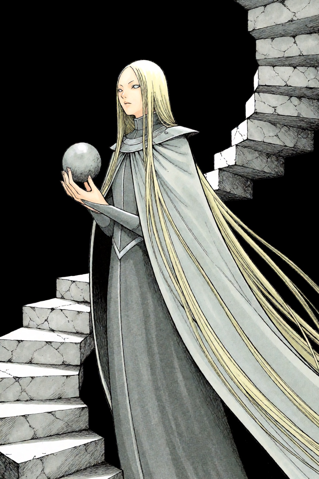 NorihiroYagi,  In a low-angle shot against a stark black void,  a slender warrior stands with cold on Tensor.Art