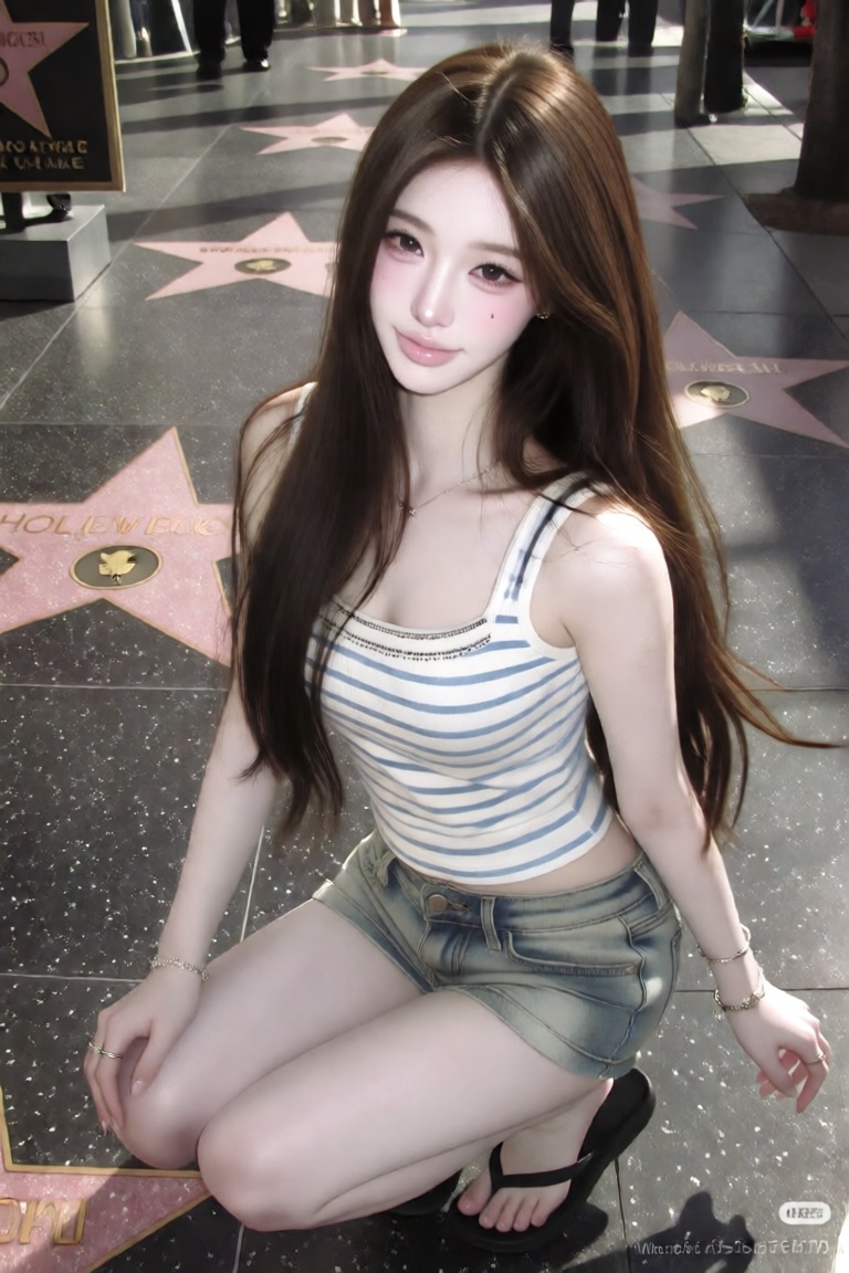 1 young woman kneeling casually on the pavement of the Hollywood Walk of Fame,  photographed from a slightly elevated over...