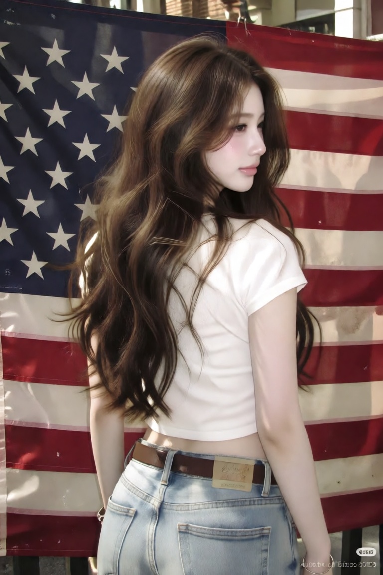 1 young woman standing casually in front of a large American flag,  photographed from behind at a slightly elevated three-...