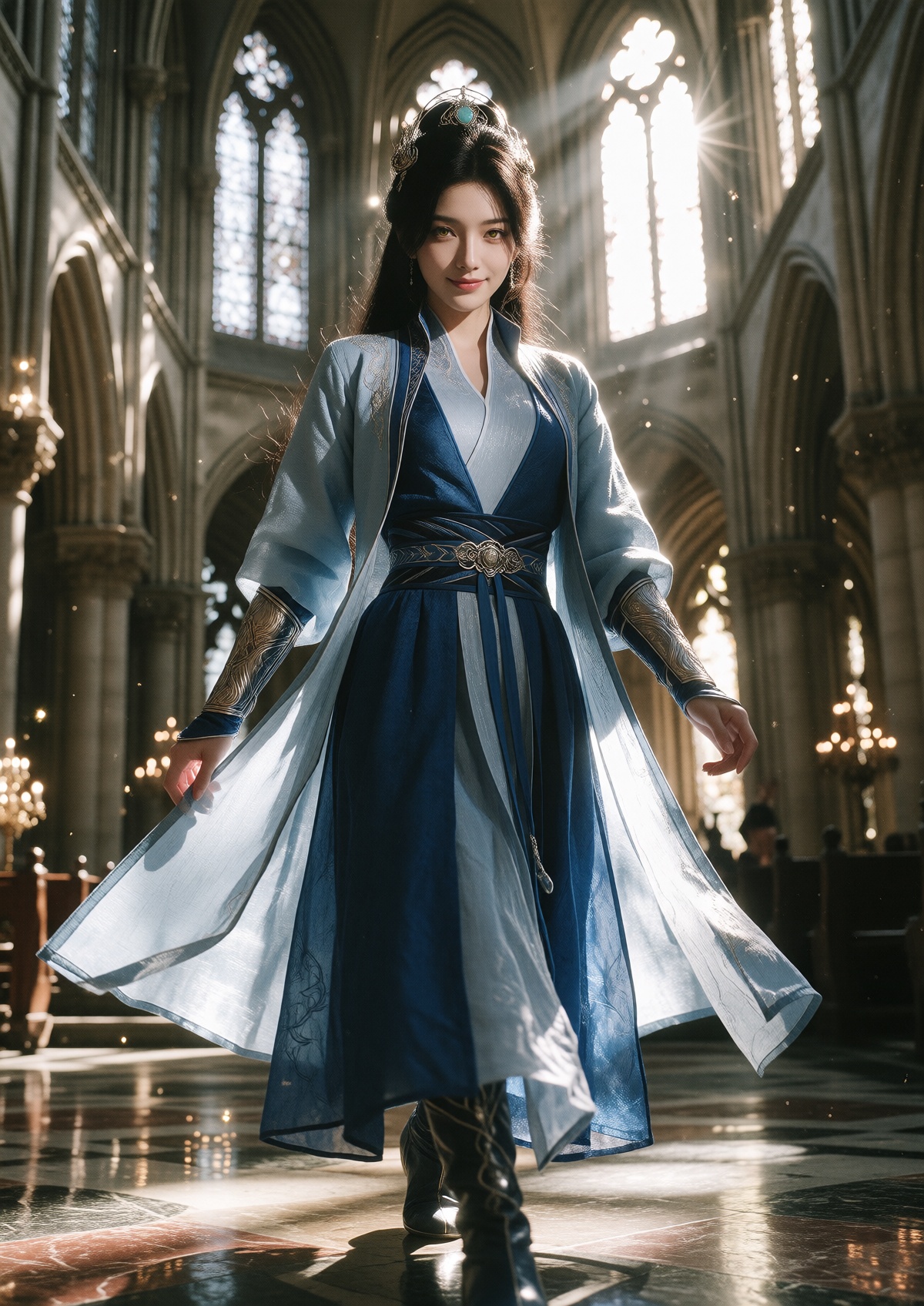 Subject: A Princess with fair skin,  delicate features,  and a poised expression wears long dark hair styled half-up with...