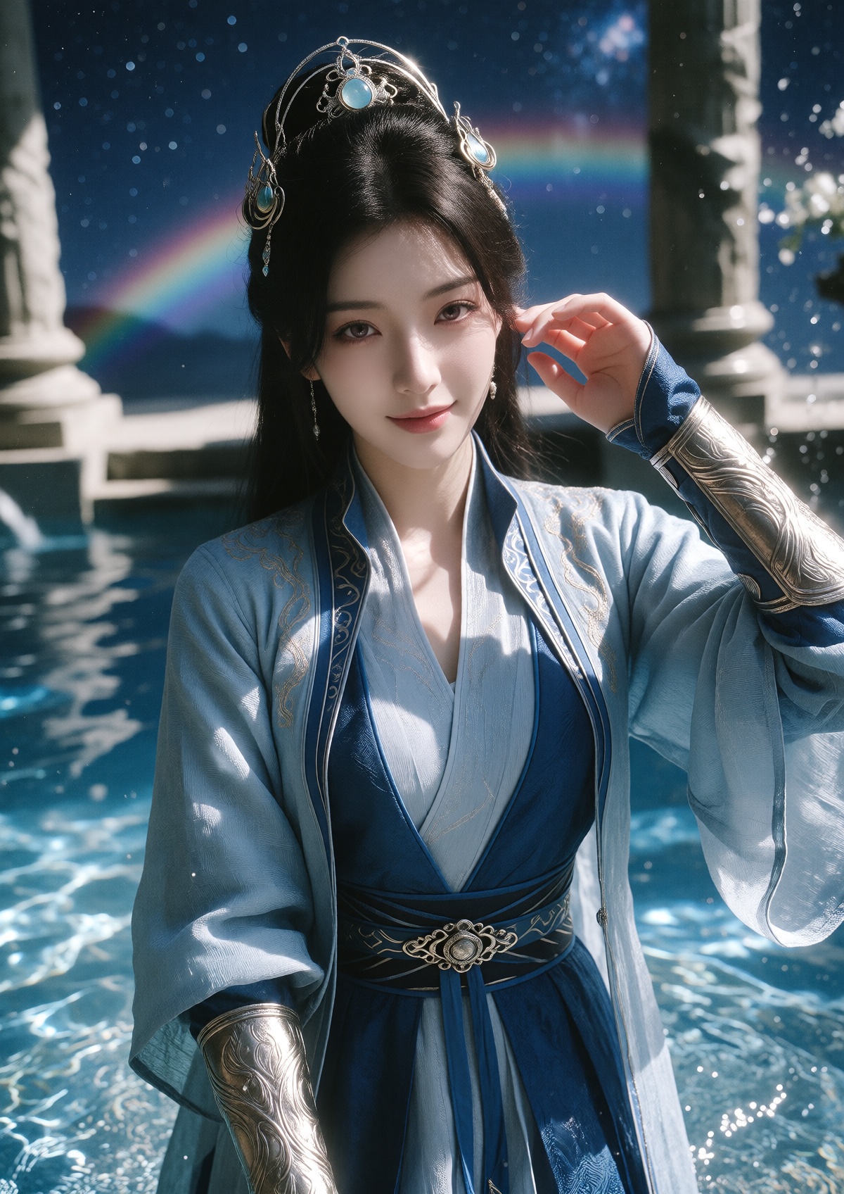Subject: A Princess with fair skin,  delicate features,  and a poised expression wears long dark hair styled half-up with...