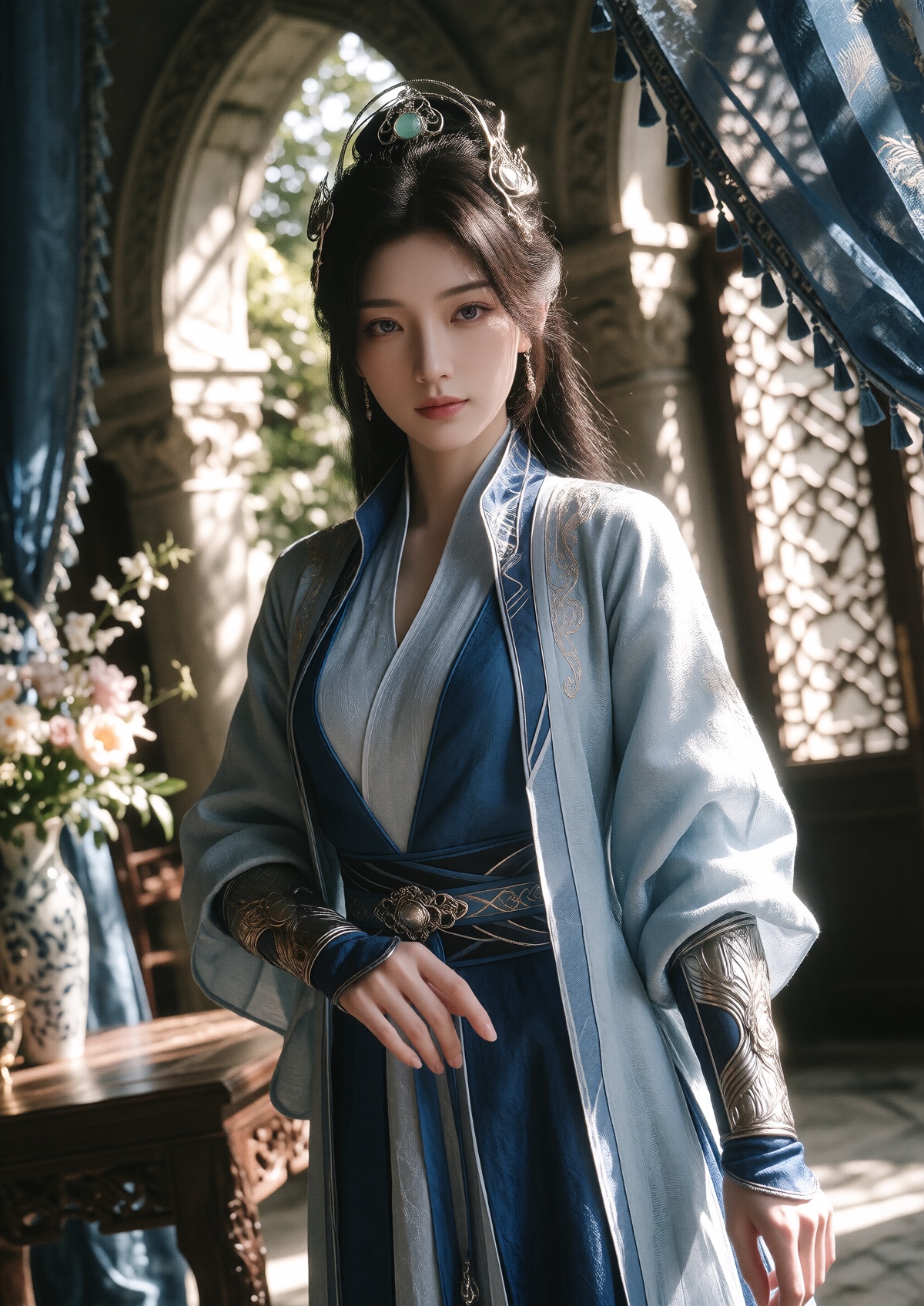 Subject: A Princess with fair skin,  delicate features,  and a poised expression wears long dark hair styled half-up with...