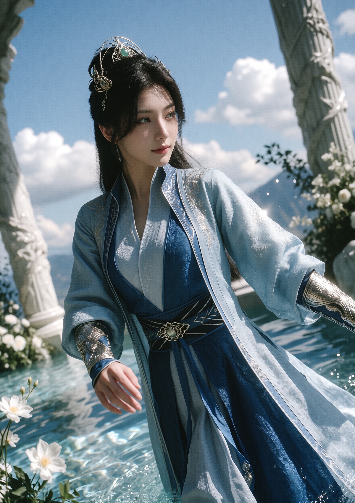 Subject: A Princess with fair skin,  delicate features,  and a poised expression wears long dark hair styled half-up with...