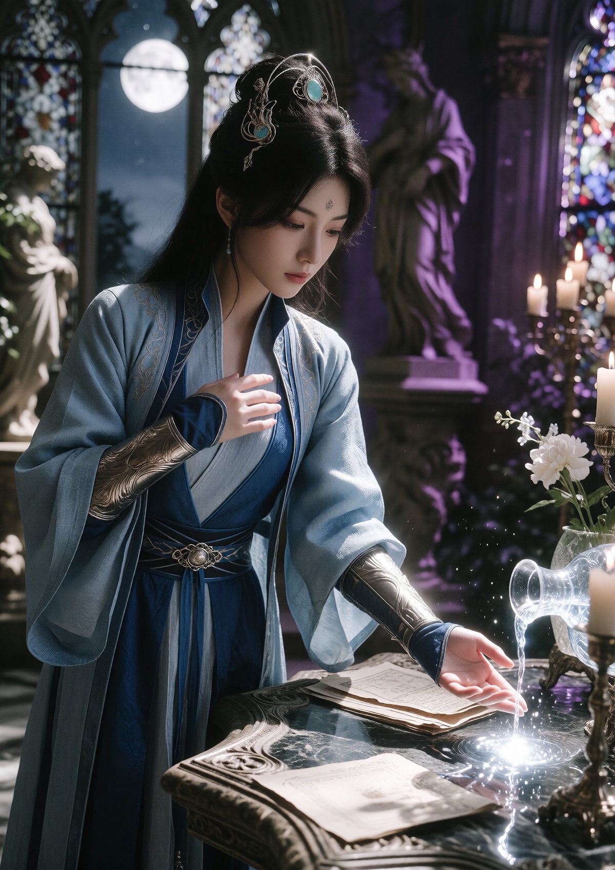 Subject: A Princess with fair skin,  delicate features,  and a poised expression wears long dark hair styled half-up with...