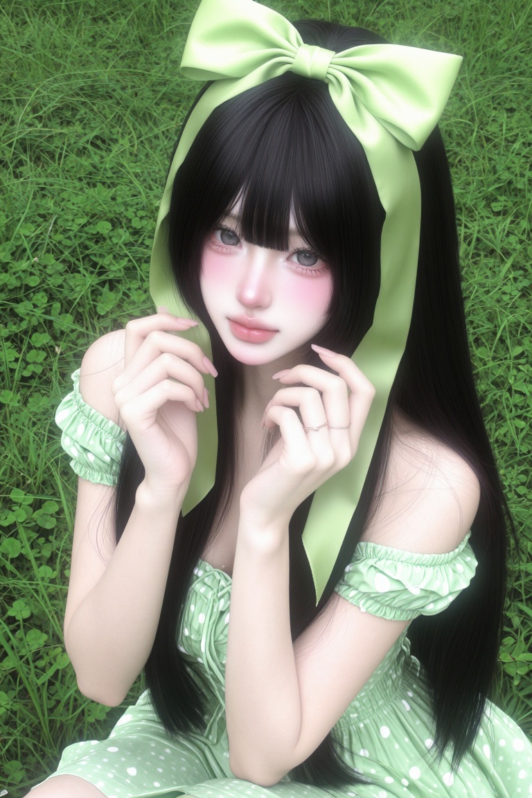 1woman,  solo,  sitting on lush green grass on Tensor.Art