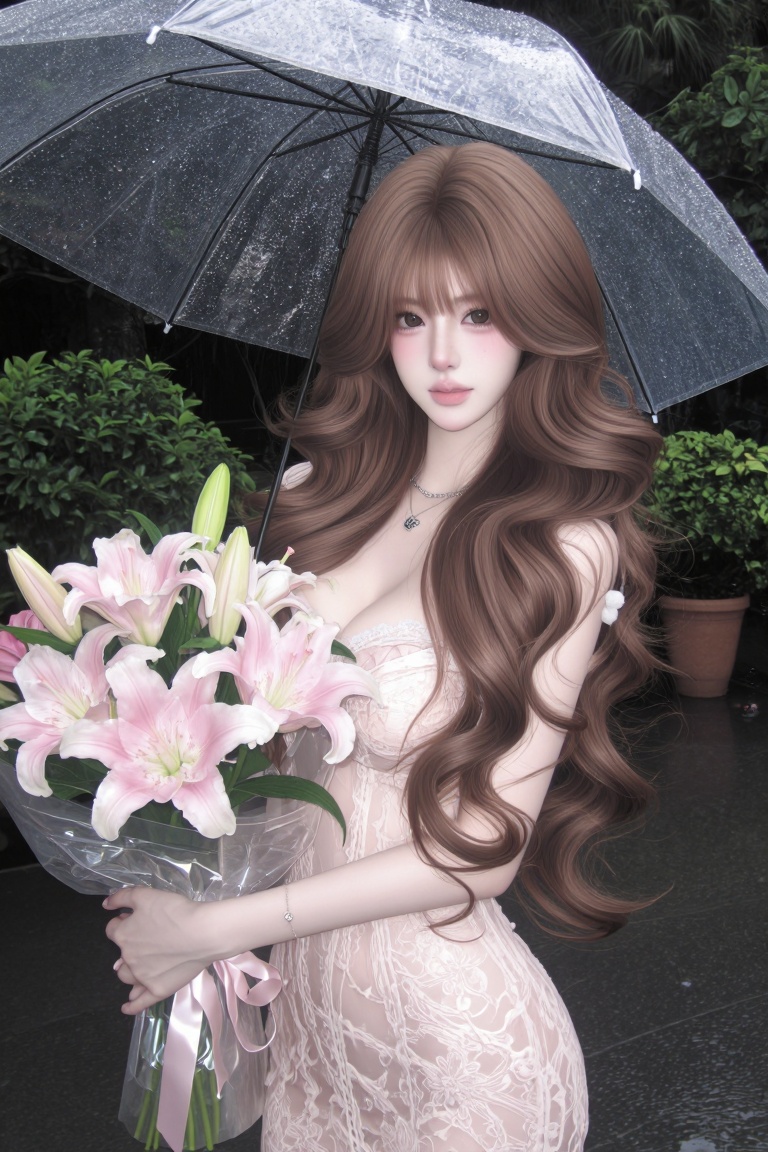 1woman,  solo,  standing outdoors on a rainy day on Tensor.Art