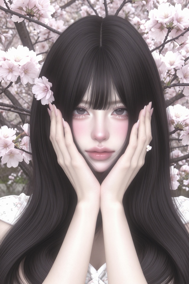 1woman,  solo,  surrounded by blooming pale pink cherry blossoms on Tensor.Art