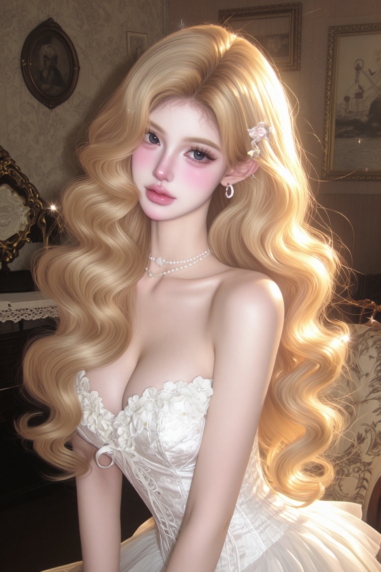 A dreamy vintage portrait of a young woman with long voluminous golden blonde hair styled in soft Hollywood curls,  fair s...