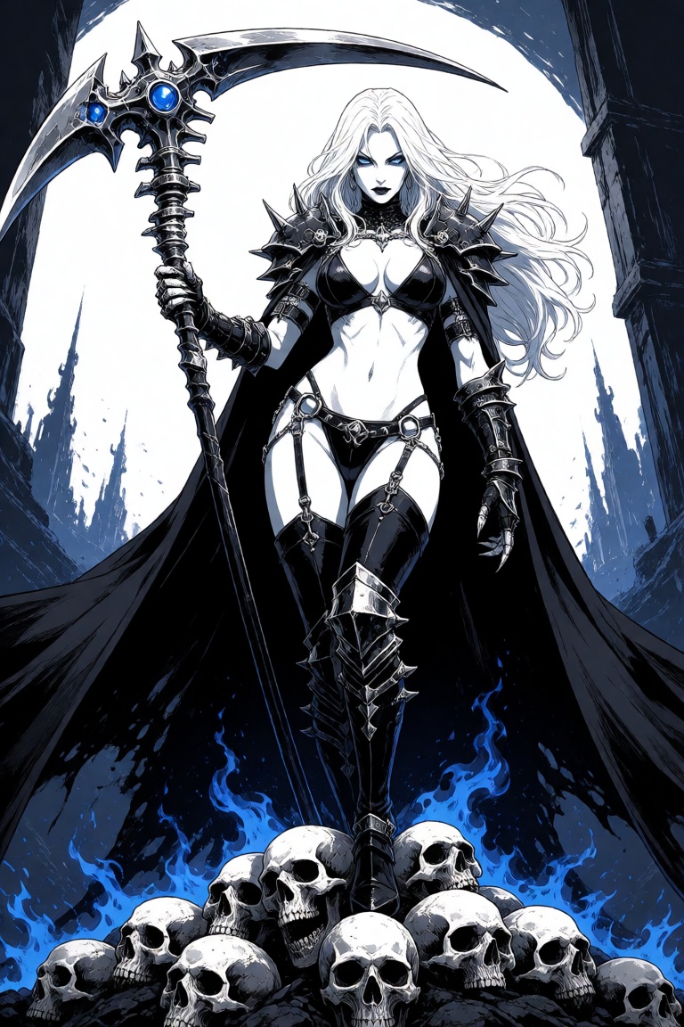 a black and white graphic illustration featuring Lady death,  solo,  pale white skin on Tensor.Art