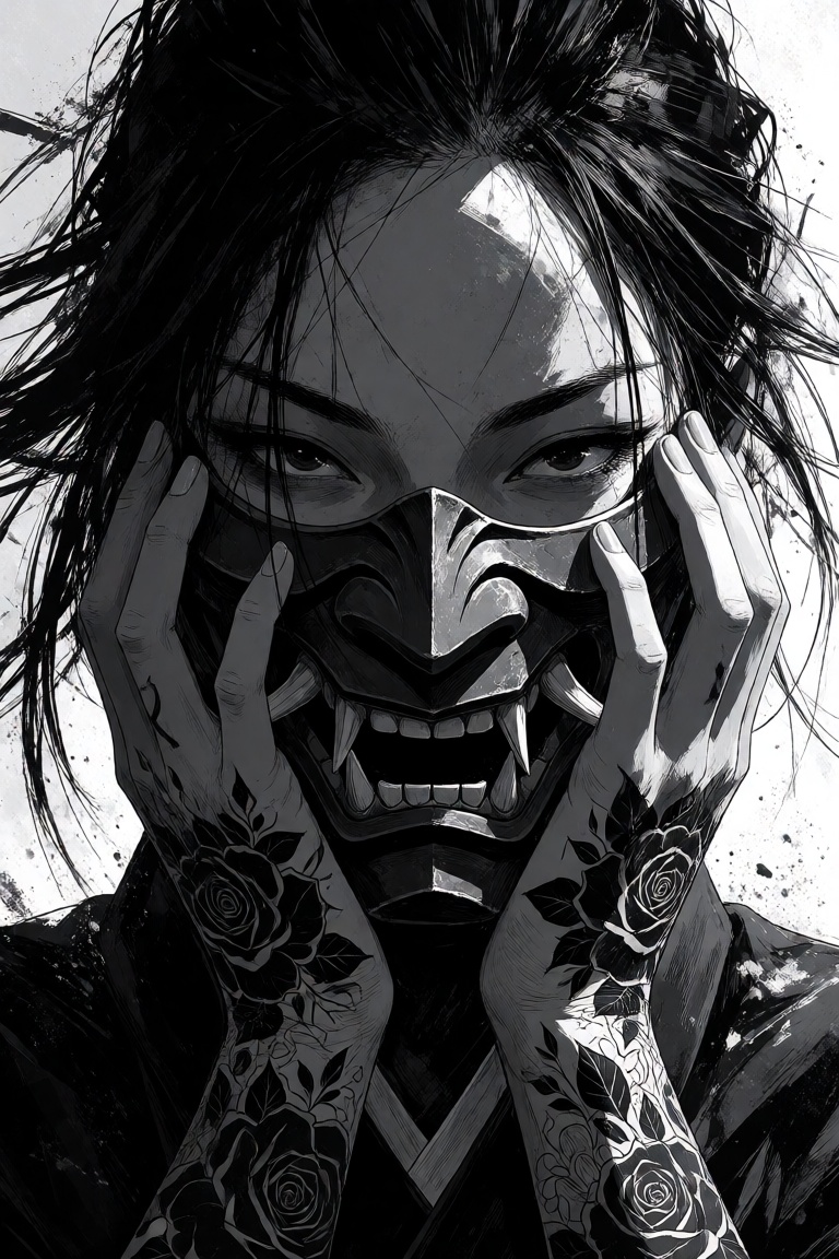a monochromatic digital painting in a gritty comic book style featuring a close up of a woman. she wears a dark oni mask c...