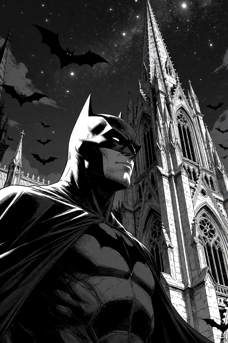 a black and white comic book style illustration of standing in the foreground,  looking off to the right. he wears his ico...