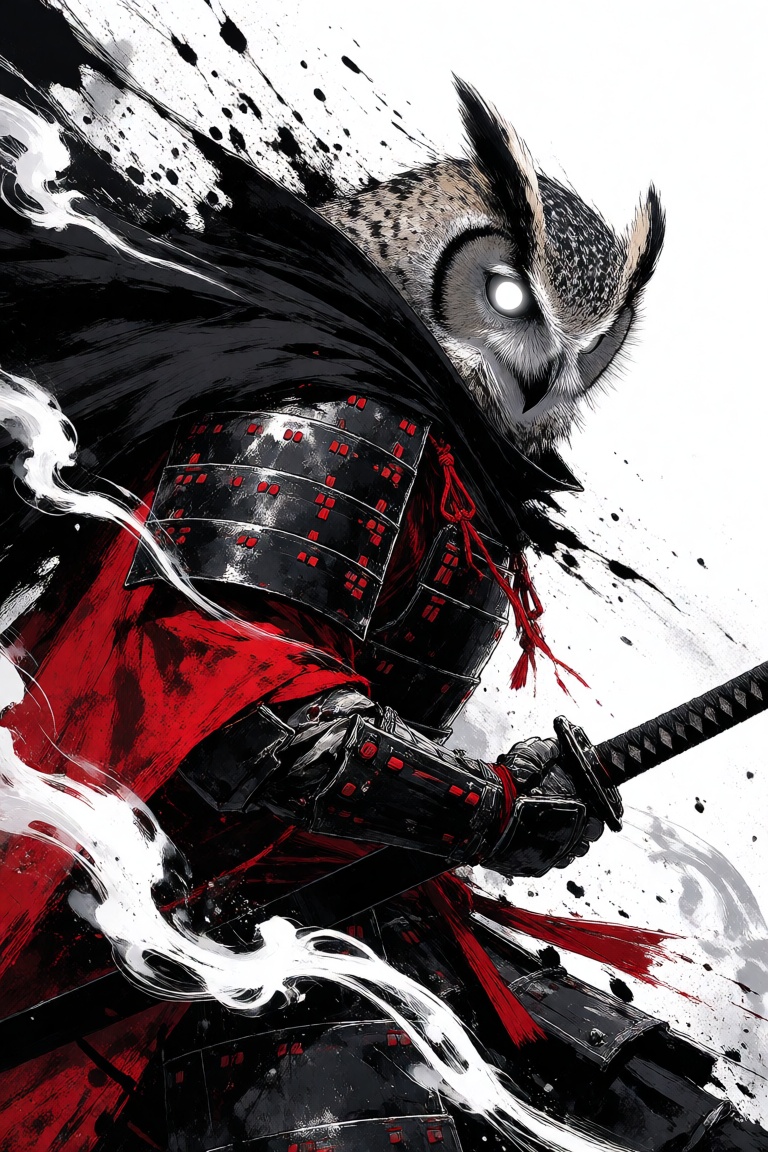 an action oriented illustration of an owl headed samurai in a stark,  high contrast ink wash style. the character features...