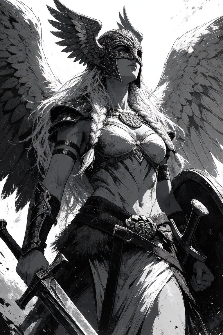 a monochromatic digital painting in a gritty comic book style depicting a glorious depiction of an aesir valkryie. Winged...