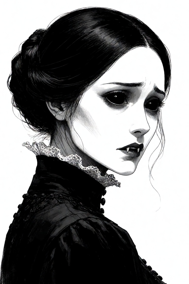 A black and white drawing,  depicting a female vampire. She has black hair styled in a neat updo,  pitch-black on Tensor.Art